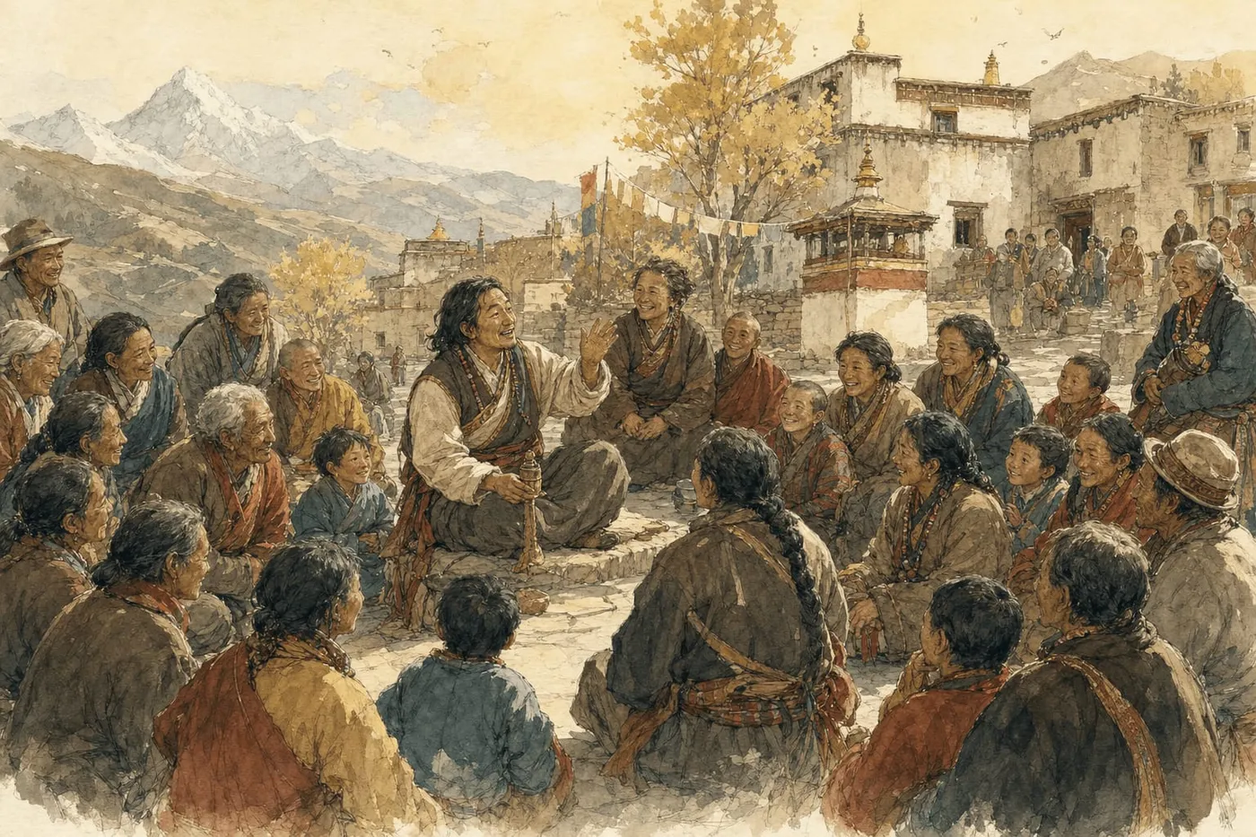 A teacher seated outdoors before a crowd of villagers and young monks, telling a story; prayer flags, a stupa and mountains behind.